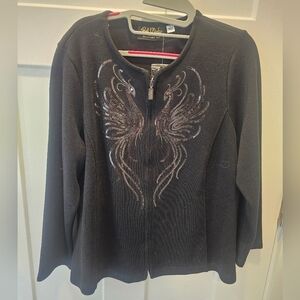 Bob Mackie Wearable Art Black Sequin Embellished Zip Cardigan Sweater Jacket NWT
